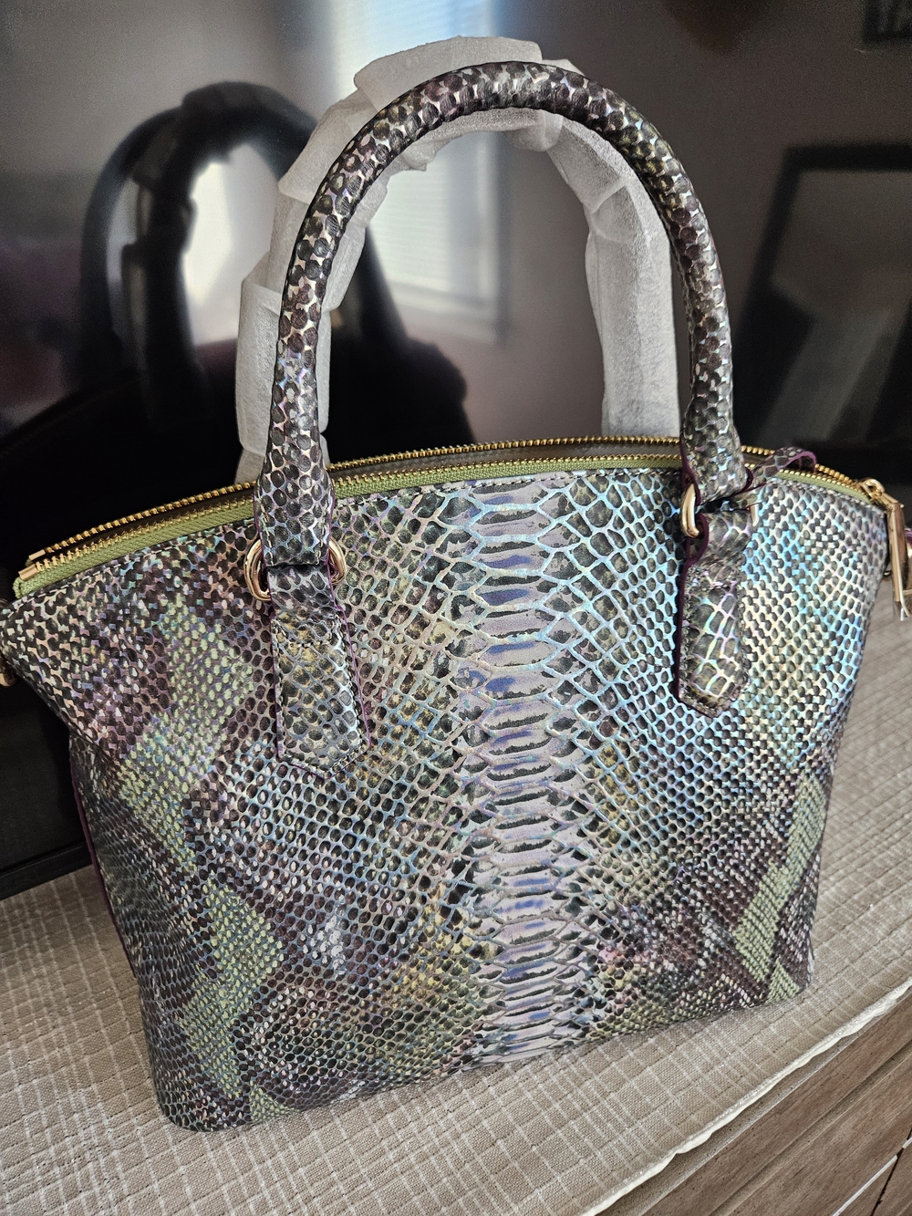Brahmin Iridescent Duxbury Moonstone Seville Snake-Embossed Satchel NEW
